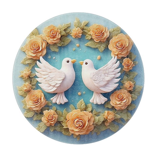 Two White Doves Amidst a Floral Pattern Cutting Board (Front)