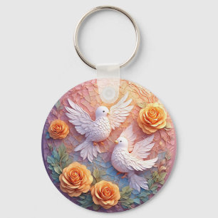 Two White Doves Amidst a Floral Pattern Key Ring