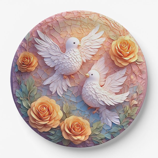 Two White Doves Amidst a Floral Pattern Paper Plate (Front)