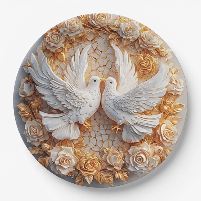 Two White Doves Amidst a Floral Pattern Paper Plate (Front)