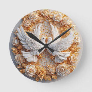 Two White Doves Amidst a Floral Pattern Round Clock