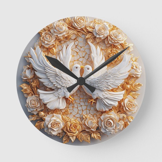 Two White Doves Amidst a Floral Pattern Round Clock (Front)