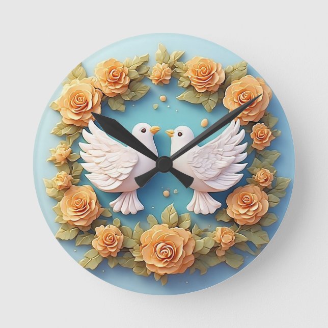 Two White Doves Amidst a Floral Pattern Round Clock (Front)
