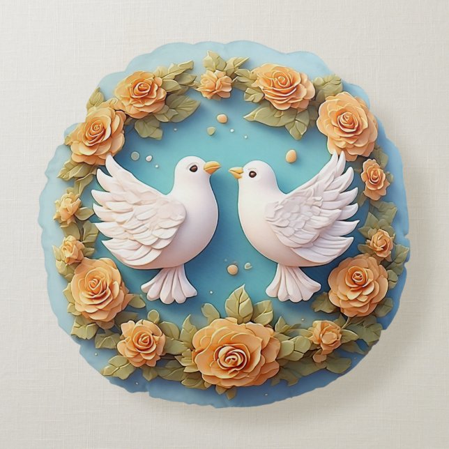 Two White Doves Amidst a Floral Pattern Round Cushion (Front)