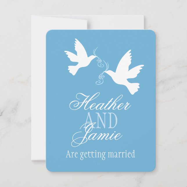 Two white doves blue ribbon formal wedding invite (Front)