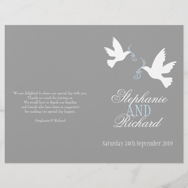 Two white doves grey blue ribbon Wedding Programme (Front)
