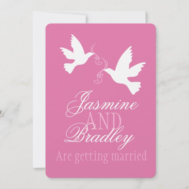 Two white doves pink ribbon wedding invite (Front)