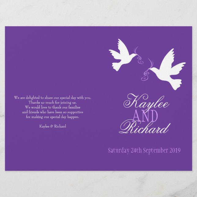 Two white doves purple ribbon Wedding Programme (Front)