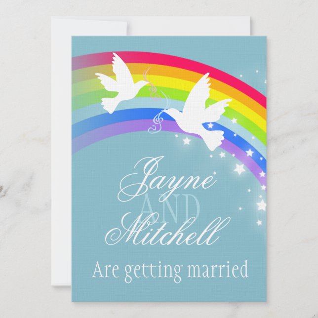 Two white doves rainbow wedding blue grey invite (Front)