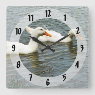 Two White Ducks Square Wall Clock