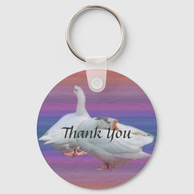 two white geese in fancy  background. thank you key ring (Front)