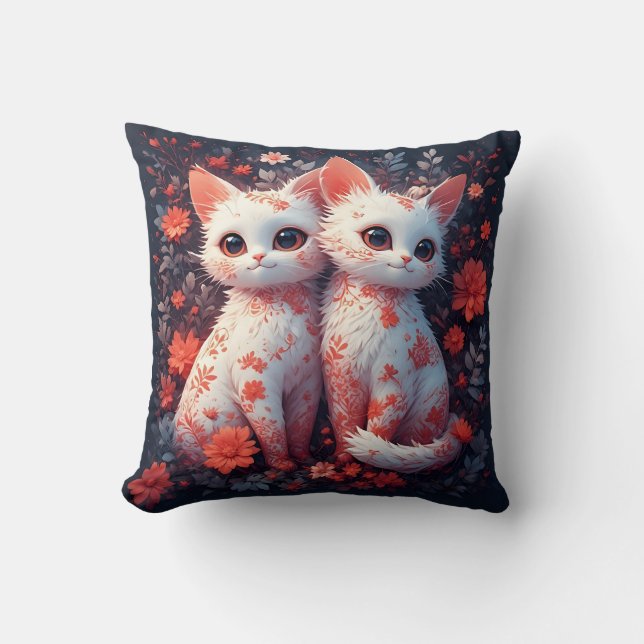 Two White Kittens and flowers Cushion (Front)