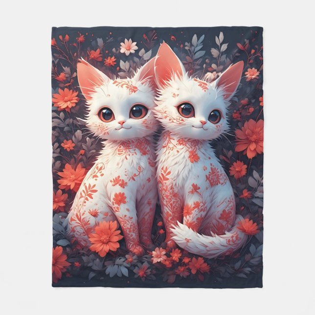Two White Kittens and flowers Fleece Blanket (Front)