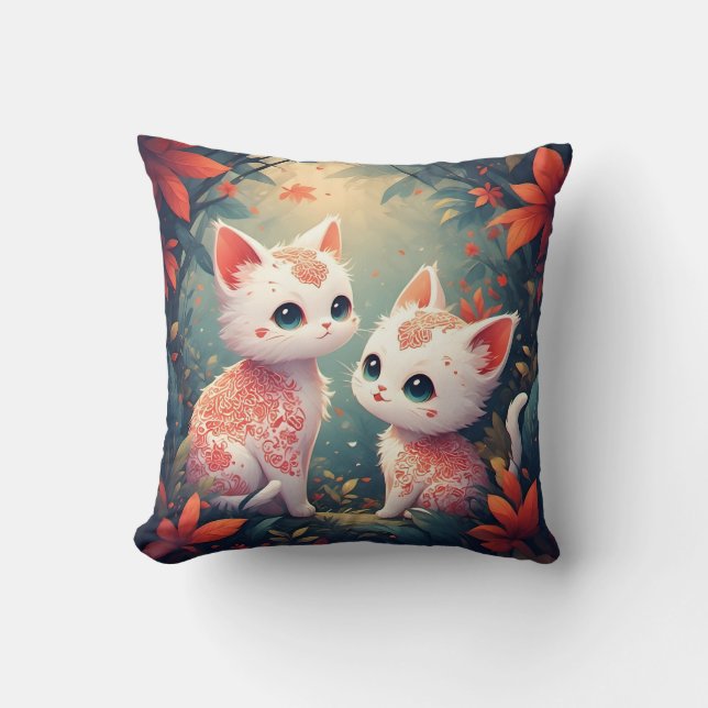 Two White Kittens in a Magical Forest Cushion (Front)