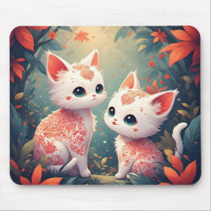 Two White Kittens in a Magical Forest Mouse Pad