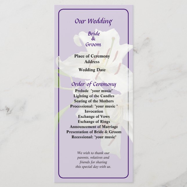 Two White Lilies Wedding Program Programme (Front)