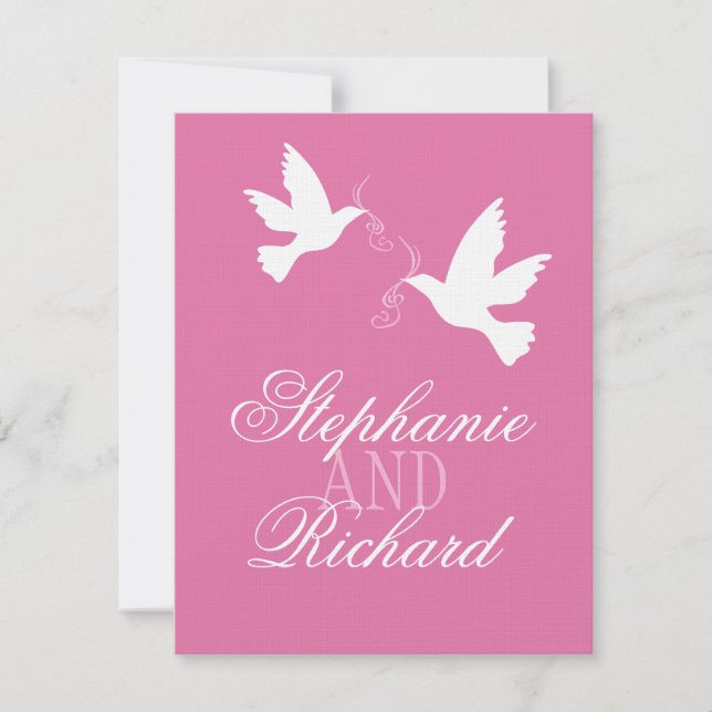 Two white love birds pink formal wedding RSVP Card (Front)