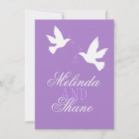 Two white love birds purple formal wedding RSVP