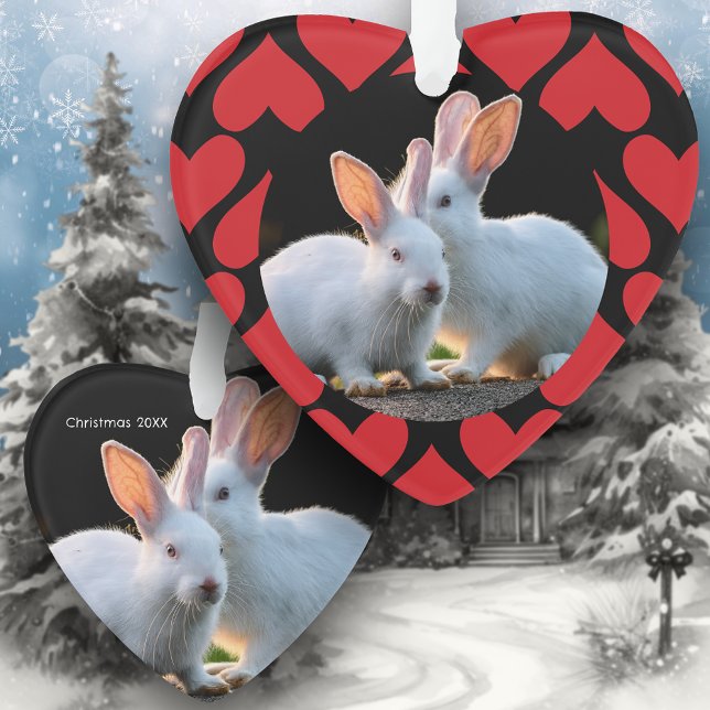 Two White Rabbits with Red Hearts Holiday Ornament (Creator Uploaded)