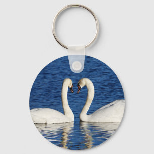 Two White Swans Form Heart Sign Key Ring
