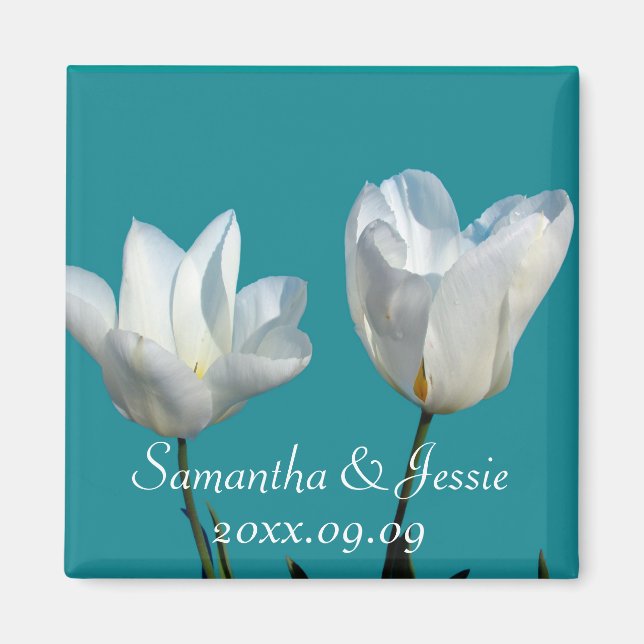 two white tulip flowers, save the date magnet (Front)