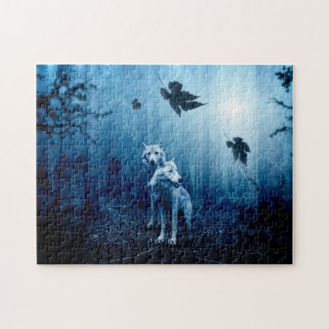 Two white wolves in the wild forest jigsaw puzzle (Horizontal)
