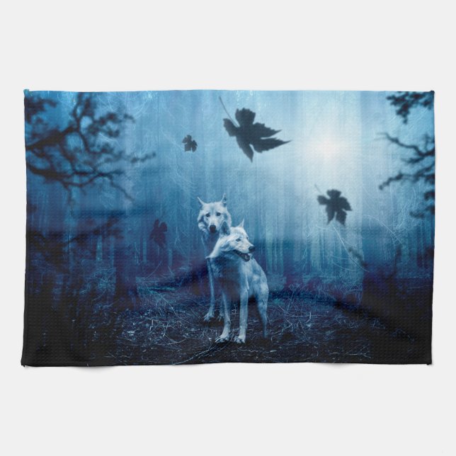 Two white wolves in the wild forest tea towel (Horizontal)