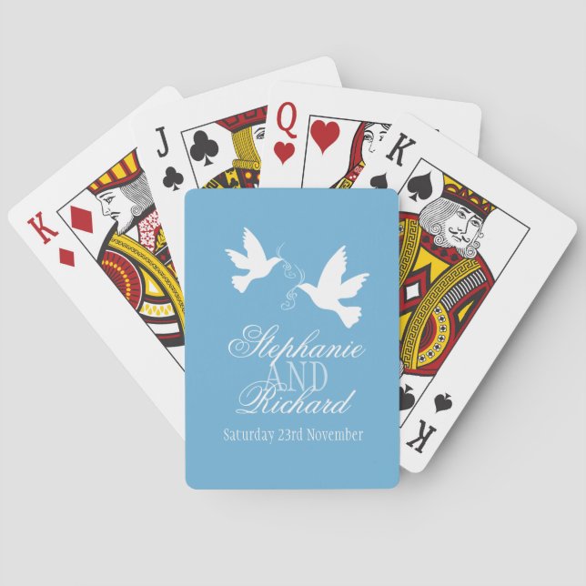 Two whites dove blue wedding name playing cards (Back)
