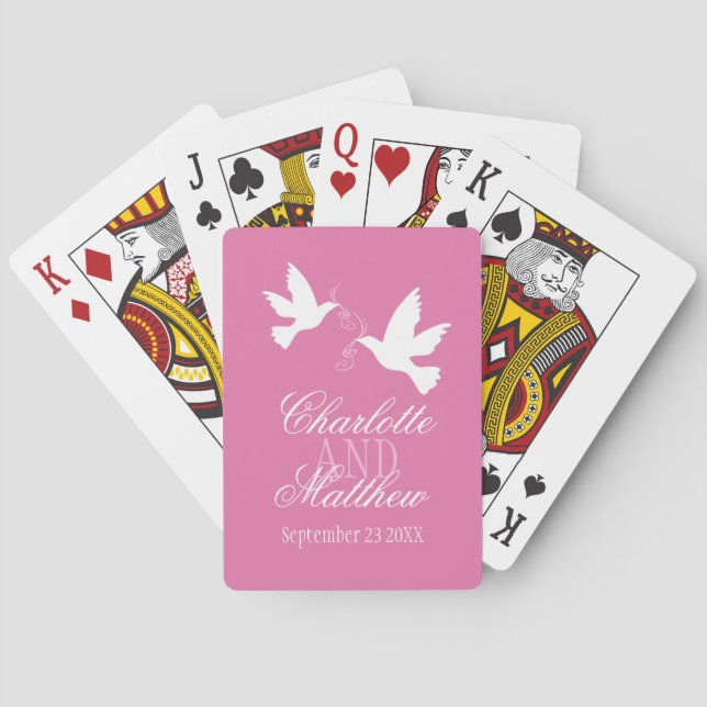 Two whites dove pink wedding name playing cards (Back)