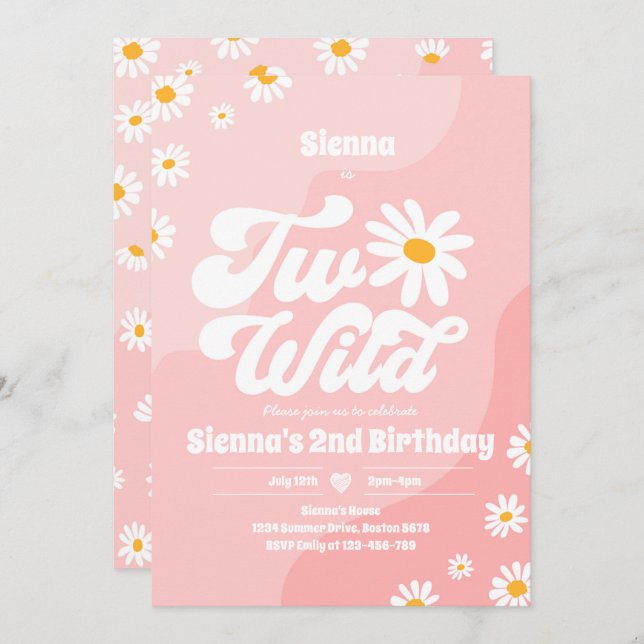 Two Wild 2nd Birthday Party Boho Floral Daisy Invitation (Front/Back)