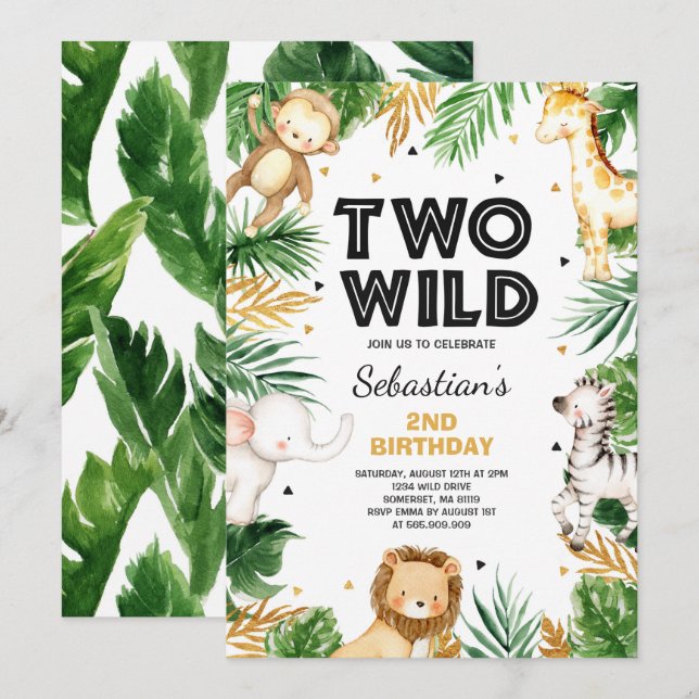Two Wild 2nd Birthday Party Safari Animals Party Invitation (Front/Back)