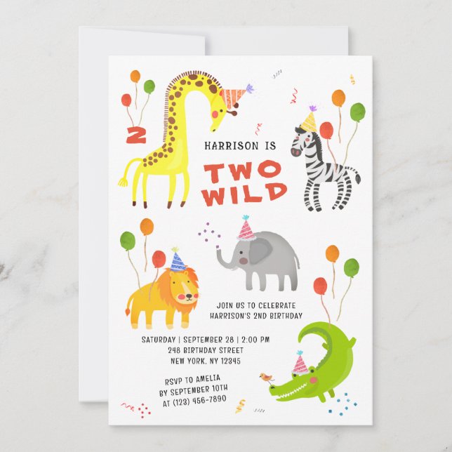 Two Wild 2nd Birthday Safari Animals Cute Photo Invitation (Front)