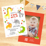Two Wild 2nd Birthday Safari Animals Cute Photo Invitation<br><div class="desc">Two Wild 2nd Birthday Safari Animals Cute Kids Photo Invitations Invites features whimsical giraffe, elephant, lion, zebra and crocodile, cute and colourful wild animals with the text "Two Wild" in modern orange typography script accented with the number 2, balloons and confetti. Perfect for boys or girls kids second birthday party...</div>