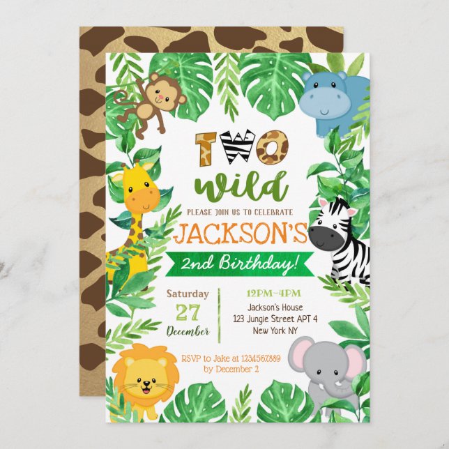 Two Wild 2nd Birthday Safari Animals Invitations (Front/Back)