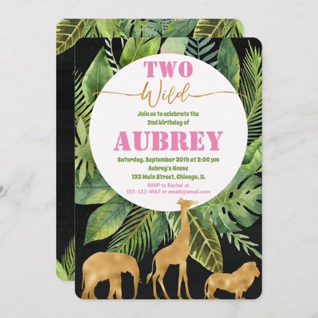 Two wild 2nd second birthday girl invitations (Front/Back)
