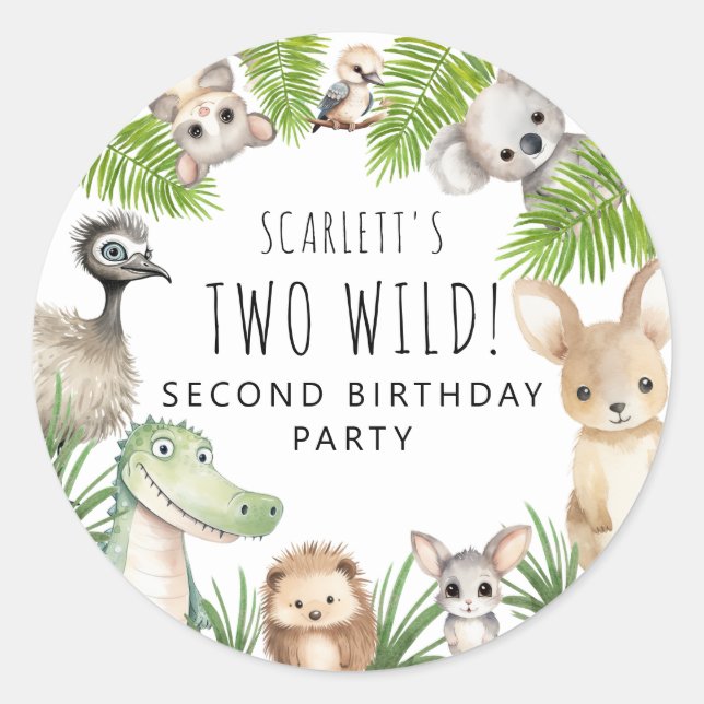 Two Wild! Aussie Animal Birthday Party Classic Round Sticker (Front)