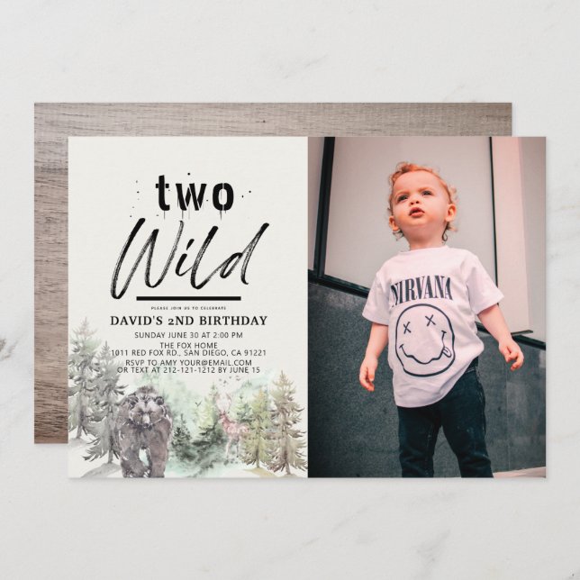 Two Wild Bear Forest Mountain 2nd Birthday Photo Invitation (Front/Back)