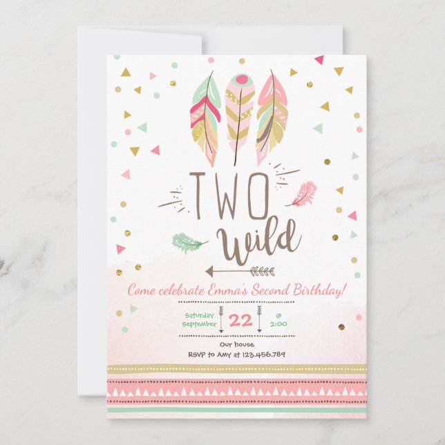 Two Wild Birthday Girl Pink Gold 2nd Boho Feathers Invitation (Front)