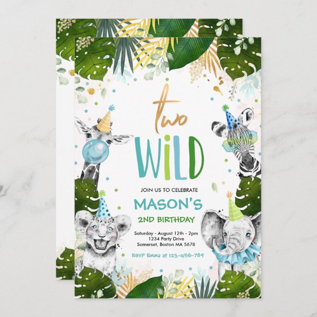 Two Wild Birthday Gold Safari Jungle Animals Party Invitation (Front/Back)