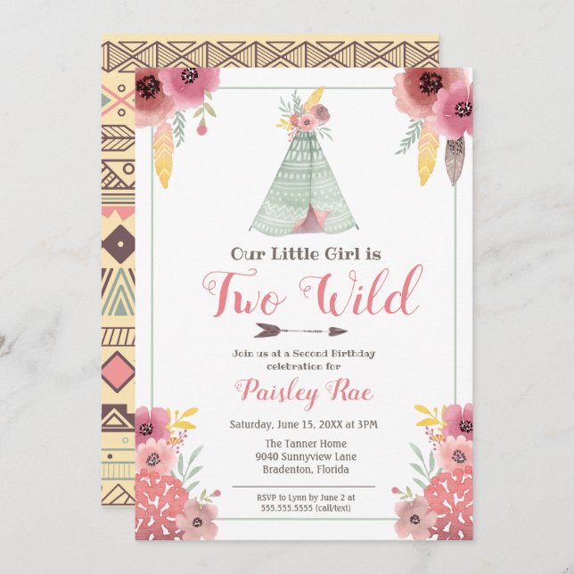 Two Wild Boho Girls Second Birthday Invitation (Front/Back)