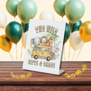 Two Wild boys birthday safari animals Pedestal Sign