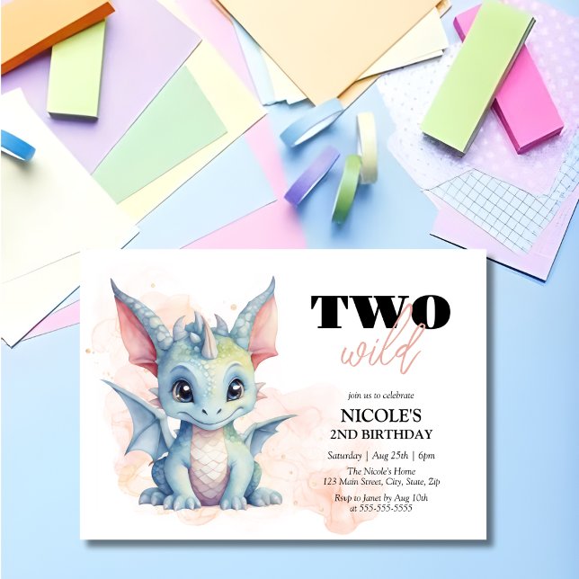 Two Wild Cute Baby Dragon Fairytale 2nd Birthday Invitation (Creator Uploaded)
