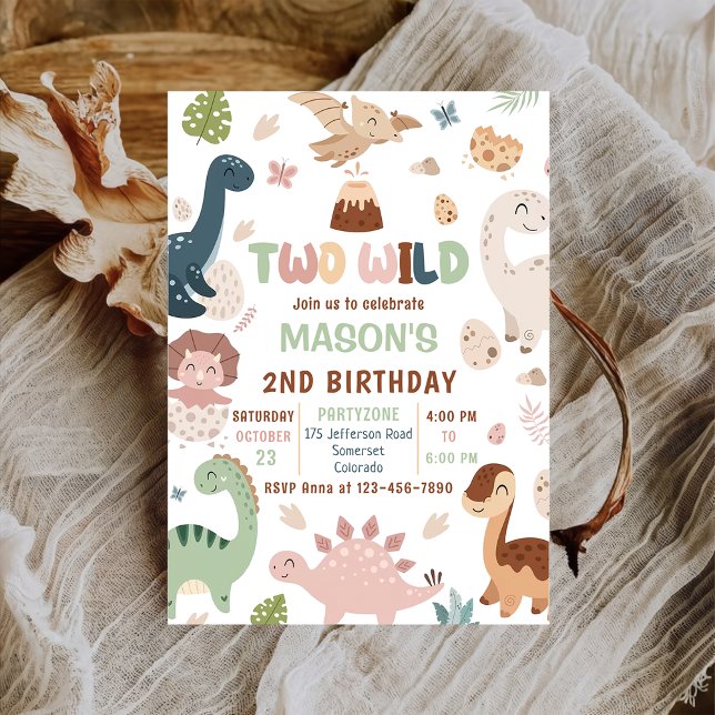 Two Wild Cute Dinosaur 2nd Birthday Party Invitation (Creator Uploaded)