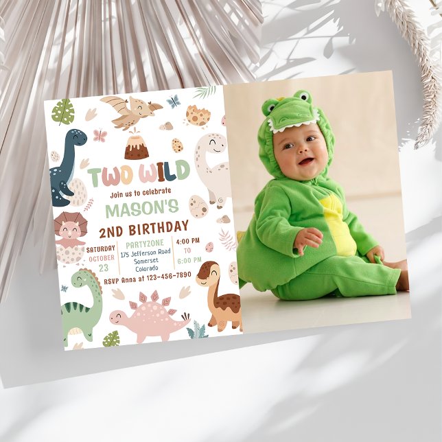 Two Wild Cute Dinosaur 2nd Birthday Photo Invitation (Creator Uploaded)