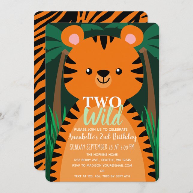 Two Wild Cute Tiger Kids Second Birthday Invitation (Front/Back)