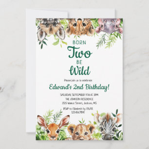 Two Wild Cute Watercolor Safari Animals Birthday Invitation