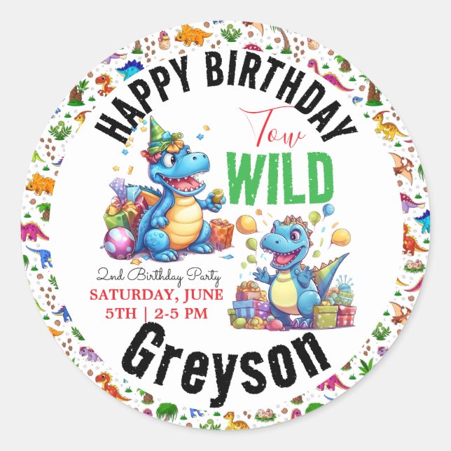 Two Wild Dino Party Boy Dinosaur 2nd Birthday  Classic Round Sticker (Front)