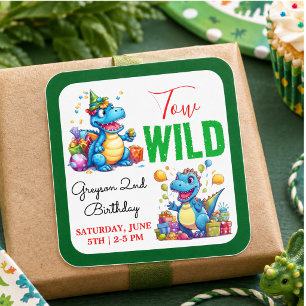 Two Wild Dino Party Boy Dinosaur 2nd Birthday  Square Sticker