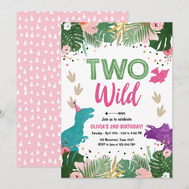Two Wild Dino Party Girl Pink Dinosaur Birthday Invitation (Front/Back)