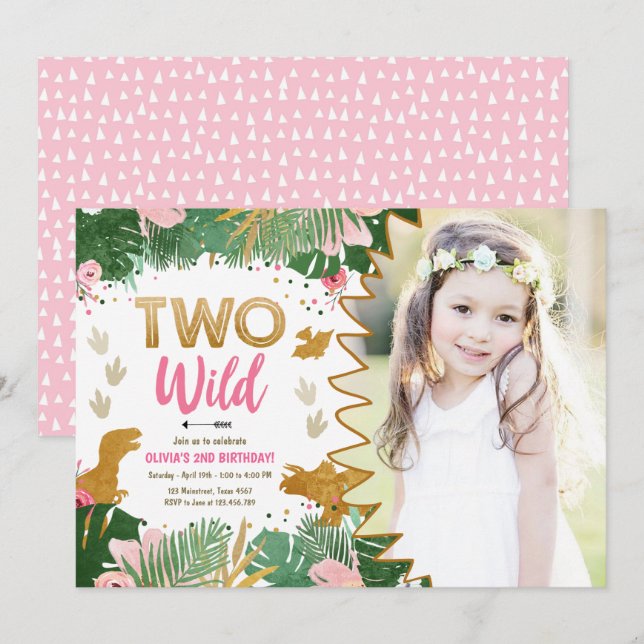 Two Wild Dino Party Girl Pink Dinosaur Birthday Invitation (Front/Back)